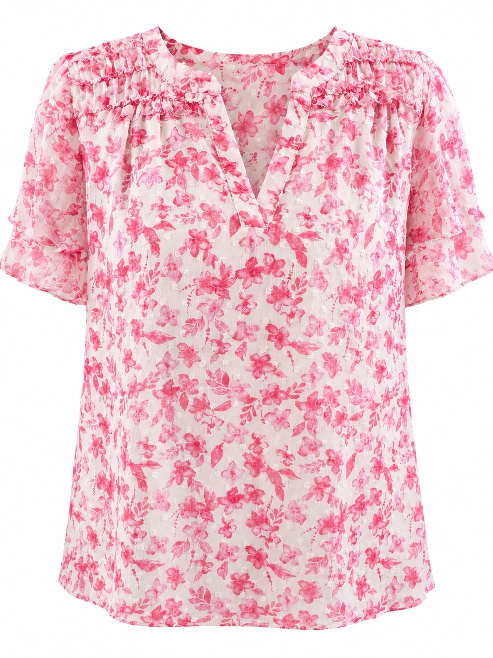 Pink‎ Floral V-Neck Blouse | Cottagecore Feminine Short Sleeve Top